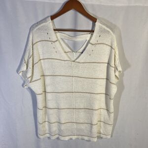 APT 9 white brown stiped v-neck short dolman sleeves sweater top XL
